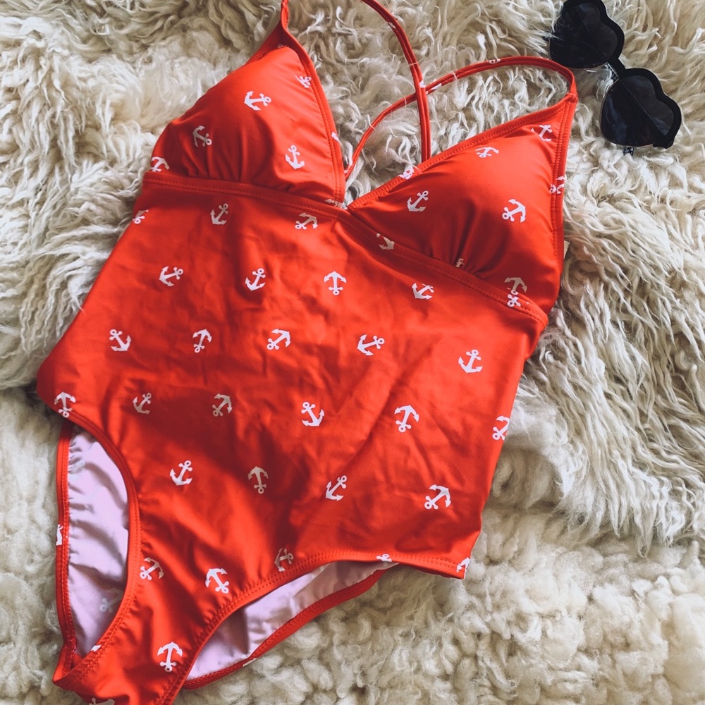 Swimsuit, orange bright-cute anchor